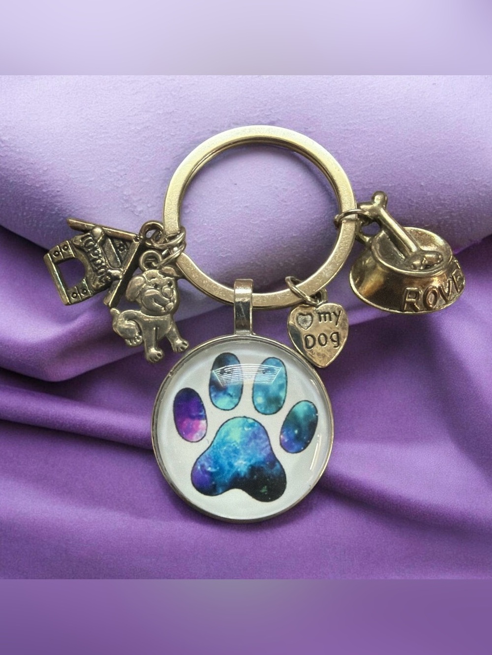 Galaxy Paw Print Dog Keychain Charm with Dog Bowl & 'my dog' Heart